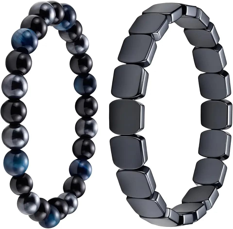 2Pcs Natural Tiger Eye Obsidian Hematite Bracelets for Men Women