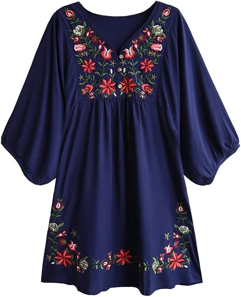 Kafeimali Women's Summer Mini Dress Bohemian Embroidery Tunic Shift Blouse