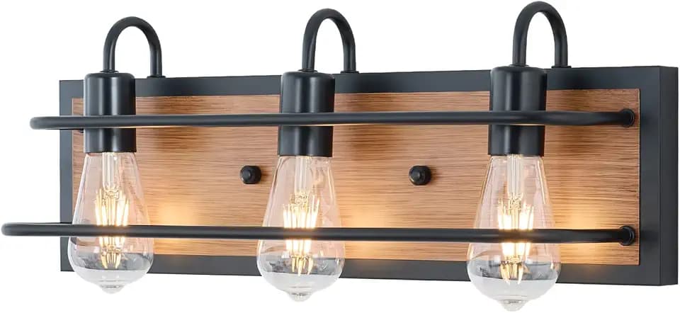 Farmhouse 3-Light Bathroom Light Fixtures, Industrial Black Vanity Lights for Mirror with Faux-Wood Color Finish, Rustic Vintage Indoor Wall Mounted Lighting for Bedroom, Kitchen, Living Room,Cabinets