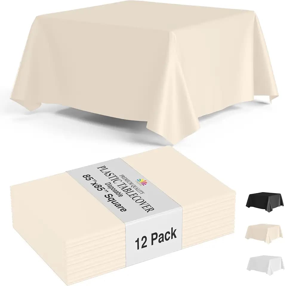 Party Solids 12-Pack Ivory Square Plastic Disposable Tablecloth – Size: 85 × 85 Inches – Square Table Cover for Parties, Picnics & Formal Events
