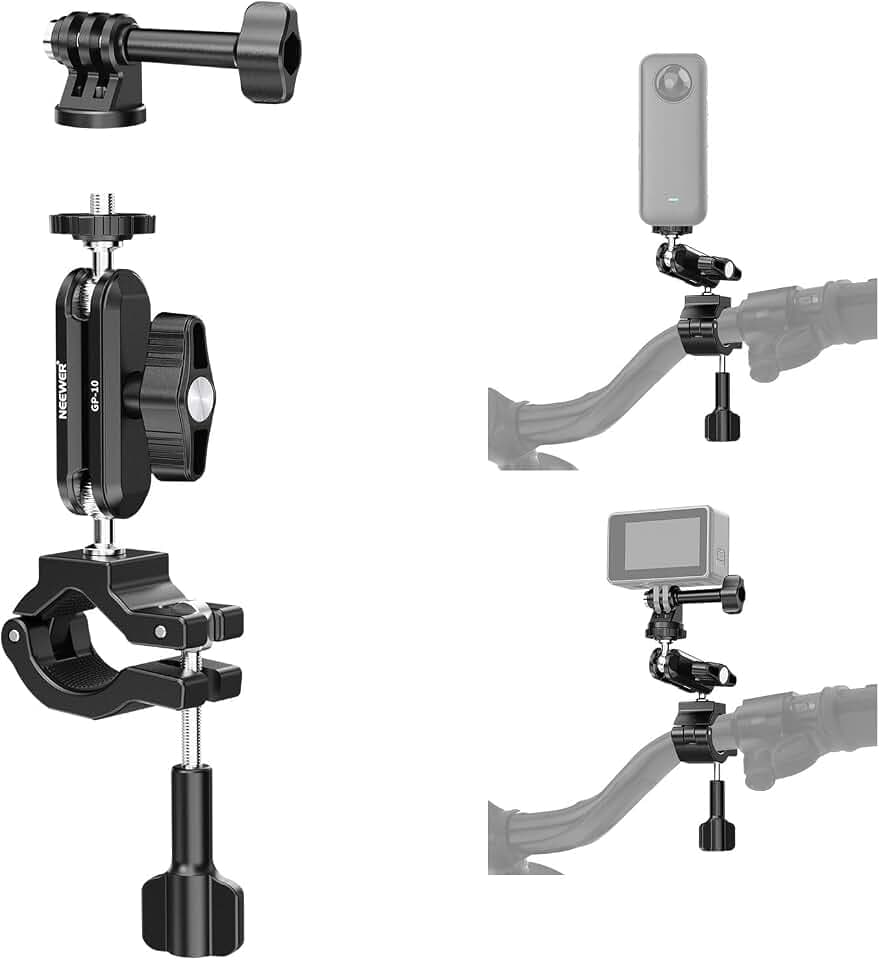 NEEWER Action Kamera Stange Halterung, Zwei 360° Kugelköpfe 1/4“ Schraube Action Kamera Adapter, Halterung für Motorrad Fahrrad Lenker, Kompatibel mit GoPro Hero13 12 11 10 9 Max360 Insta360 DJI Osmo