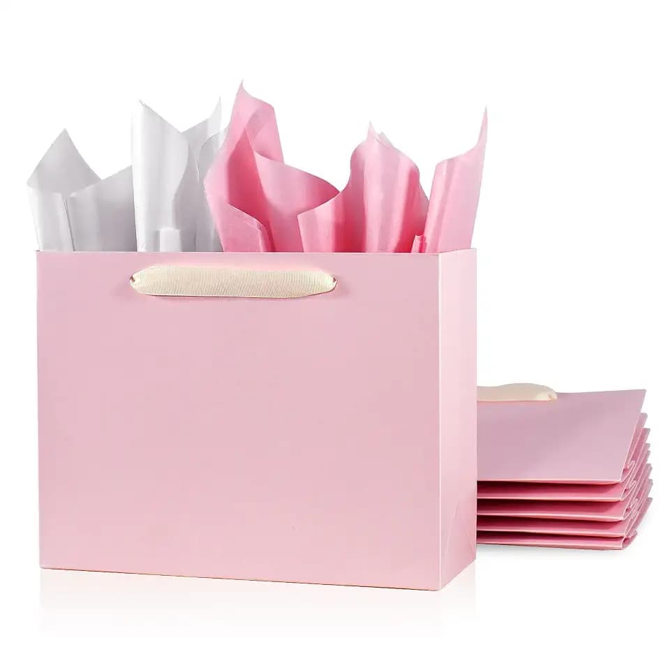 Padiaet 6 Pack Medium 10.5"x4"x8.1" Pink Gift Bags with Tissue Papers, Kraft Shopping Bags with Ribbon Handles, Retail Wrapping Set for All Occasions