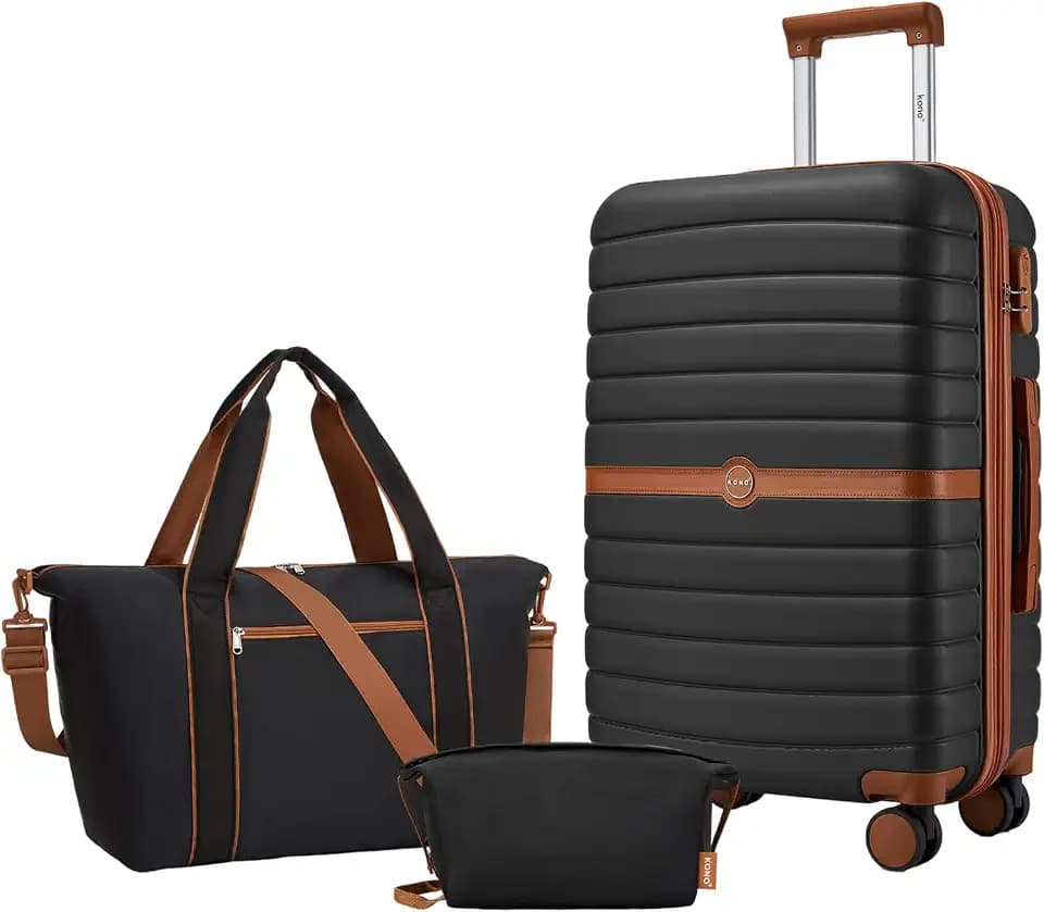 Kono Luggage Sets 3 Piece, Expandable 24 Inch Luggage with Spinner Wheels, Lightweight & Anti-Scratch PC+ABS Hardshell Travel Rolling Suitcase Medium Checked Luggage with Tote Bag, Black/Brown