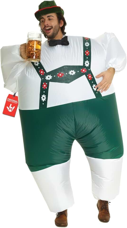 Morph Aufblasbares Lederhosen Kostüm Erwachsene, Bayern Halloween Kostüm | Aufblasanzug im Lederhosen-Stil, Hut & Luftpumpe, Bläst in 60 Sekunden auf, Perfekt für Halloween, Immer ein Hit