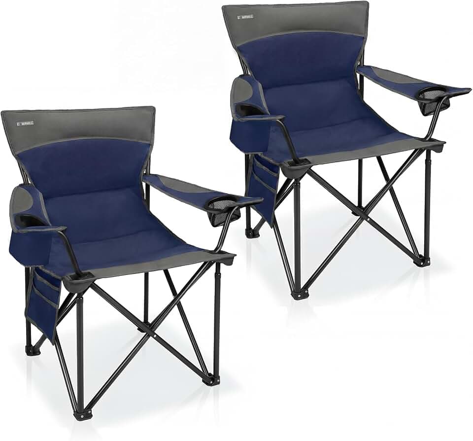 Oversized Camping Chair for Adults - 2 Pack Padded Lawn Chairs with Cup Holder & Side Pocket,Heavy Duty Folding Outdoor Chairs for Camp,Sports,Picnic,Beach,Dark Blue