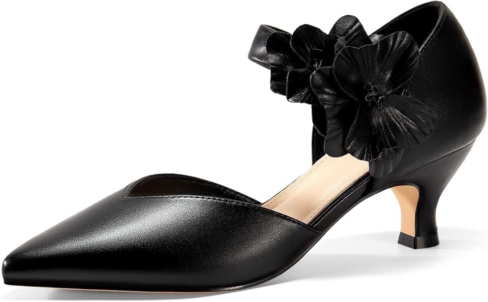 Coutgo Womens Low Kitten Heels Dressy Shoes Comfortable Closed Toe Flower Slip on Formal Party Dance Heeled Pumps