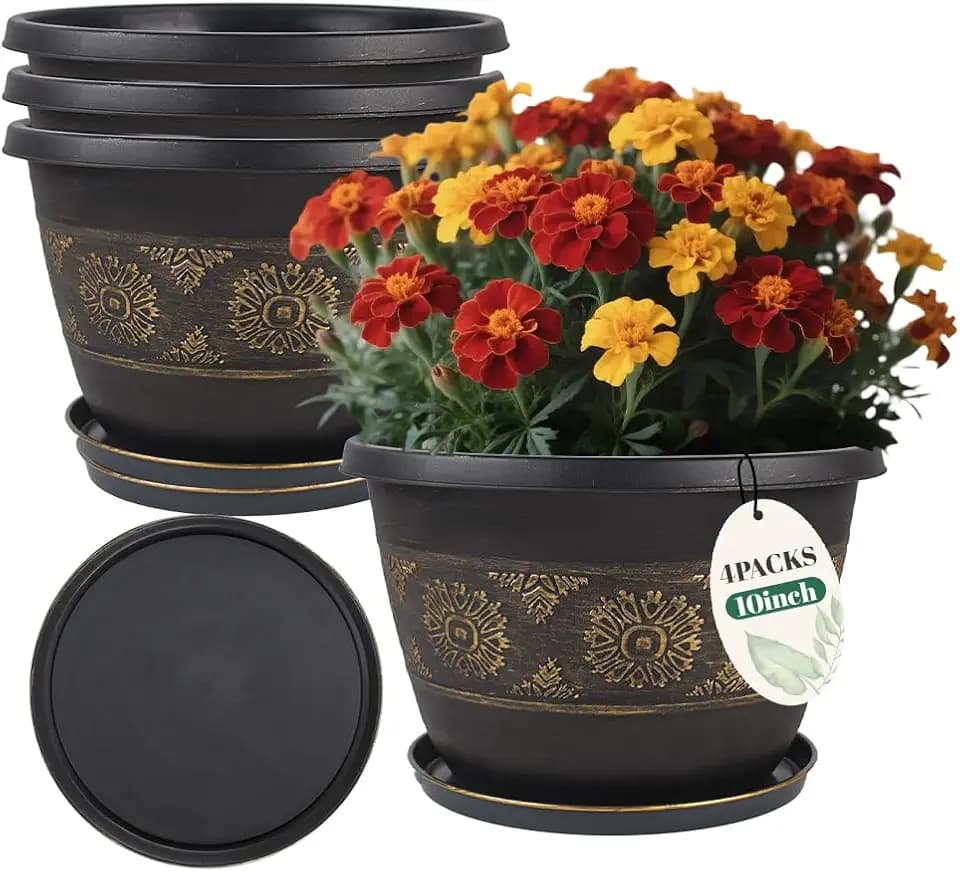 Usocik 10 Inch Plant Pots, 4 Pack, Gold Retro Floral