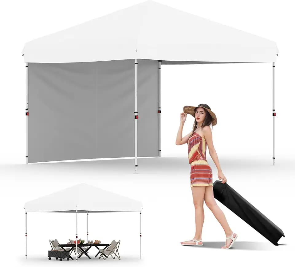 10x10 Instant Pop-Up Canopy with 1 Sidewall – Easy 1-Button Setup, Includes Roller Bag, 3 Height Settings & 4 Weight Bags – Perfect for Backyard, Beach, Sports & Parties,White