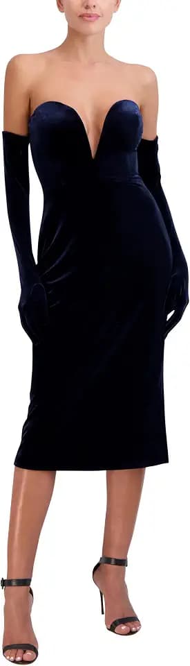 BCBGMAXAZRIA Womens Strapless Plunging V Neck Midi Dress with Gloves