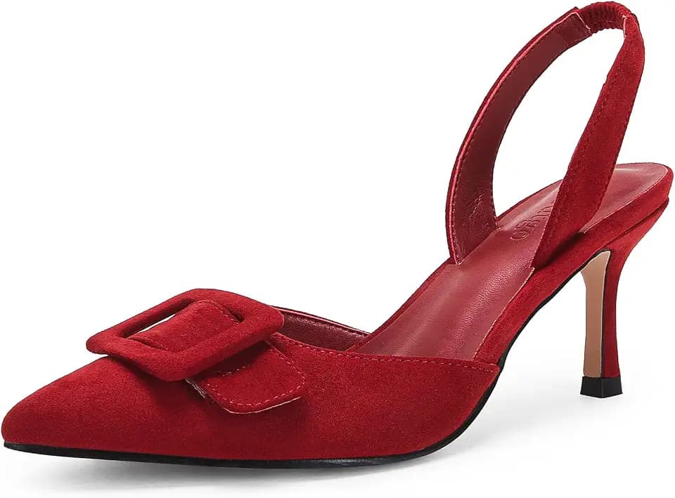 Coutgo Womens Slingback Kitten Heels Pointed Toe Buckle Pumps Dress Shoes