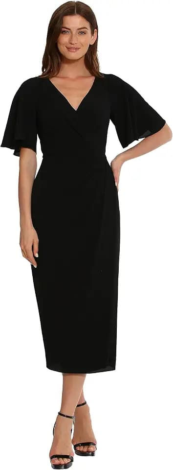 Maggy London Women's Maggy London Women's Dresses Short Flutter Sleeve Faux Wrap Midi Dress