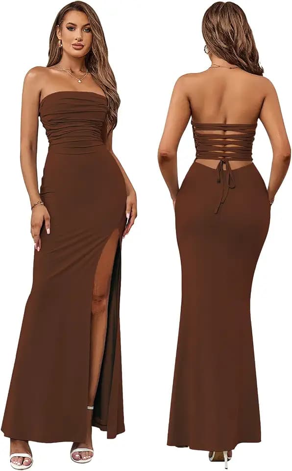 HTZMO Wedding Guest Formal Strapless Slit Long Dress for Women