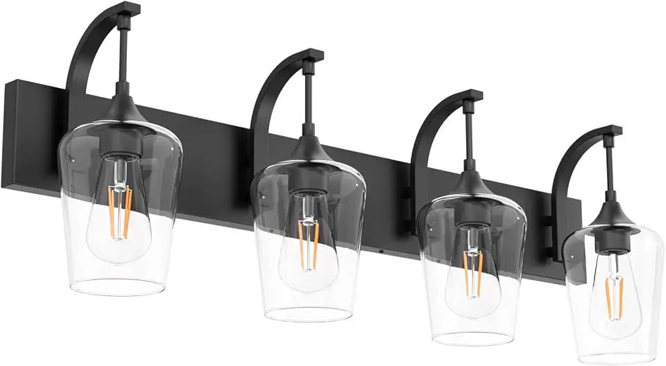 Ralbay Matte Black Bathroom Vanity Light 4-Lights Industrial Black Vanity Lights Clear Glass Vintage Edison Matte Black Wall Mount Light Fixtures for Bathroom