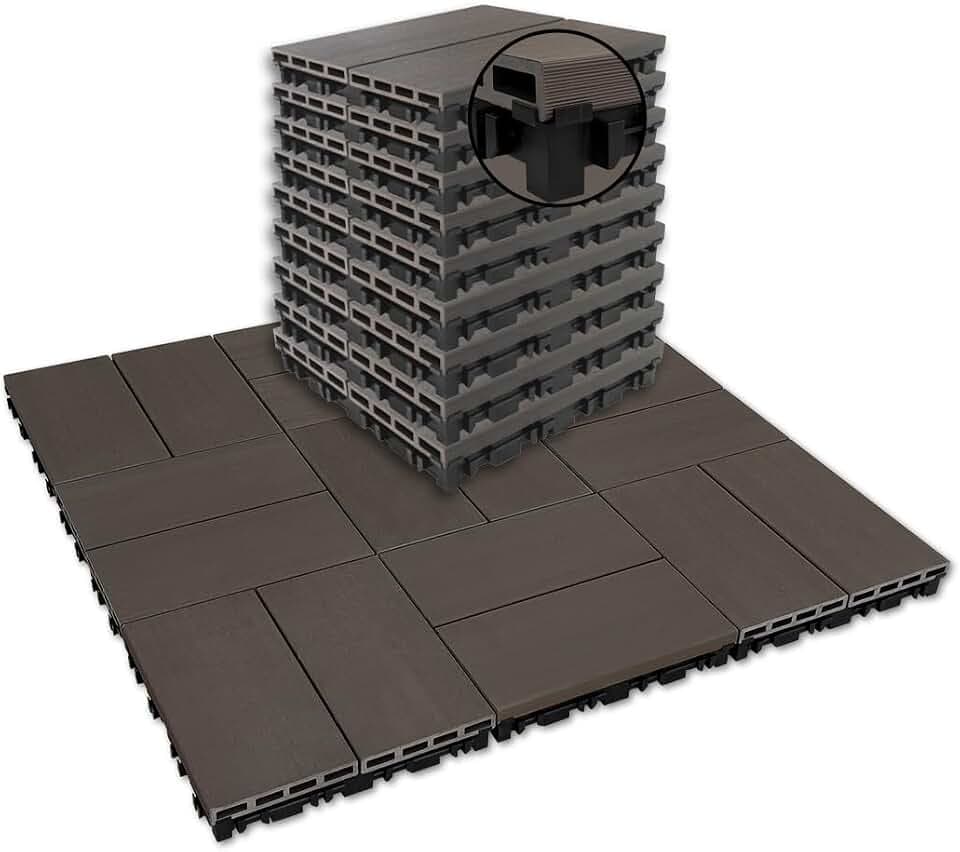 JJWOOD 2-Inch Thick Interlocking Deck Tiles, 9 Pcs 12" x 12" Elevated WPC Patio Flooring, Water-Resistant Outdoor Floor Tiles for Balcony, Porch, Backyard, Roof Deck, Walnut