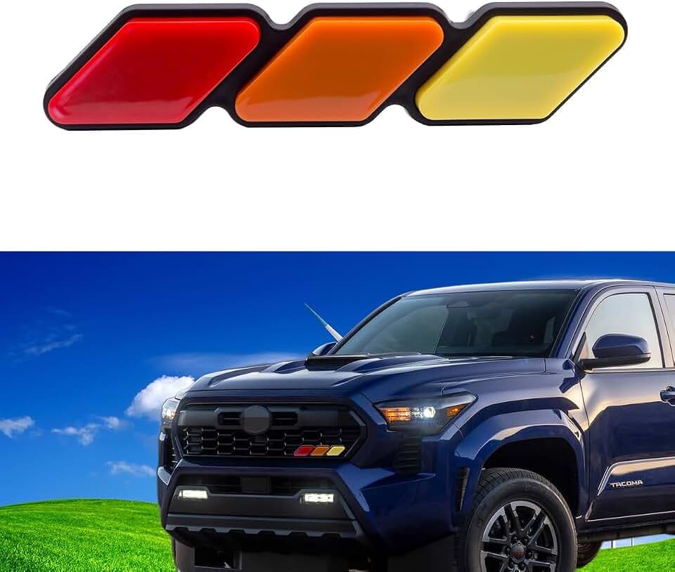 Tri-Color Front Grille Badge Emblem, Universal Compatible with Toyota Tacoma Tundra 4Runner Rav4 Highlander & Other Mesh or Slotted Grille (Yellow, Orange, Red)