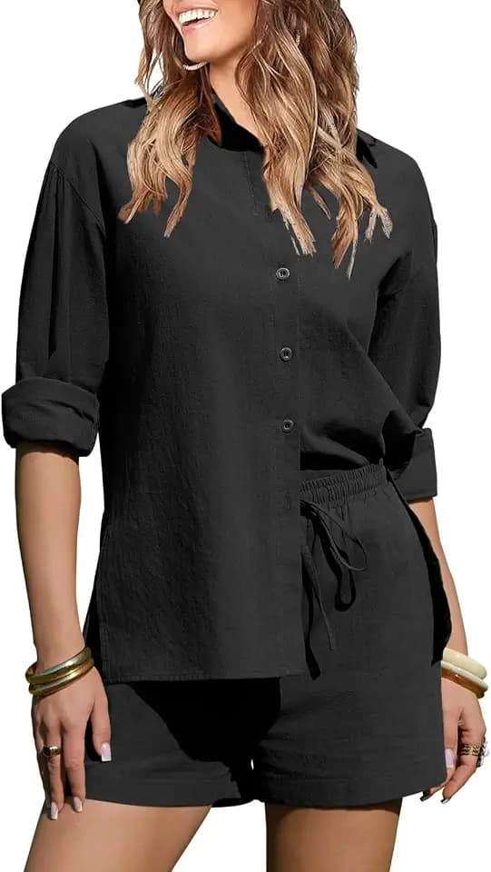 EXLURA Womens 2 Piece Sets Summer Cotton Long Sleeve Shirts Matching Shorts