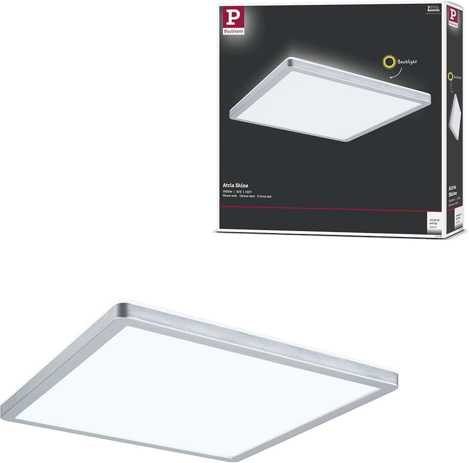 Paulmann 71008 LED Panel Atria Shine 293x293mm eckig incl. 1x16 W Tageslichtweiß Chrom matt Lichtpanel Kunststoff Deckenpanel 4000 K