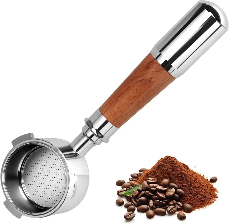 Cozary Siebträger 51mm 3 ohren, Bodenloser Siebträgerm für DeLonghi EC680/EC685/EC885/EC890, Edelstahl-SiebträGer, Holzgriff, Geeignet für den Gebrauch zu Hause, Cafés und Restaurants