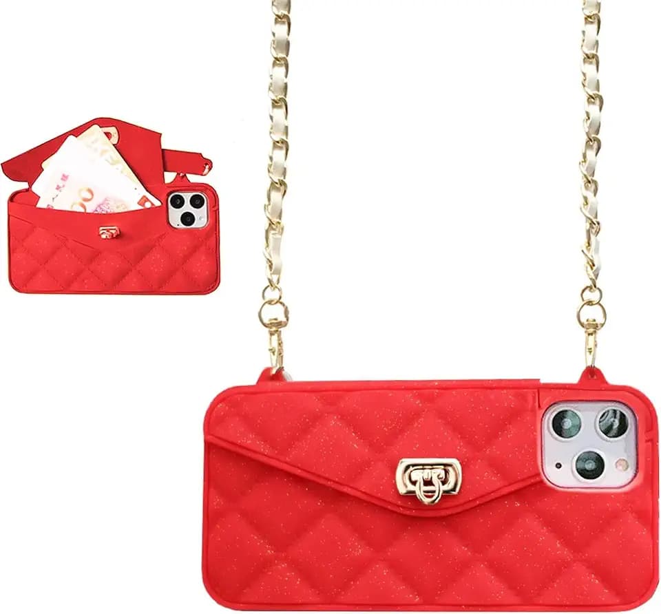 UnnFiko Wallet Phone Case Compatible with iPhone 16 Plus, Cute Light Luxury Bag Design, Purse Flip Card Pouch Cover Soft Silicone Case with Handstrap Long Shoulder Strap (Red, iPhone 16 Plus)