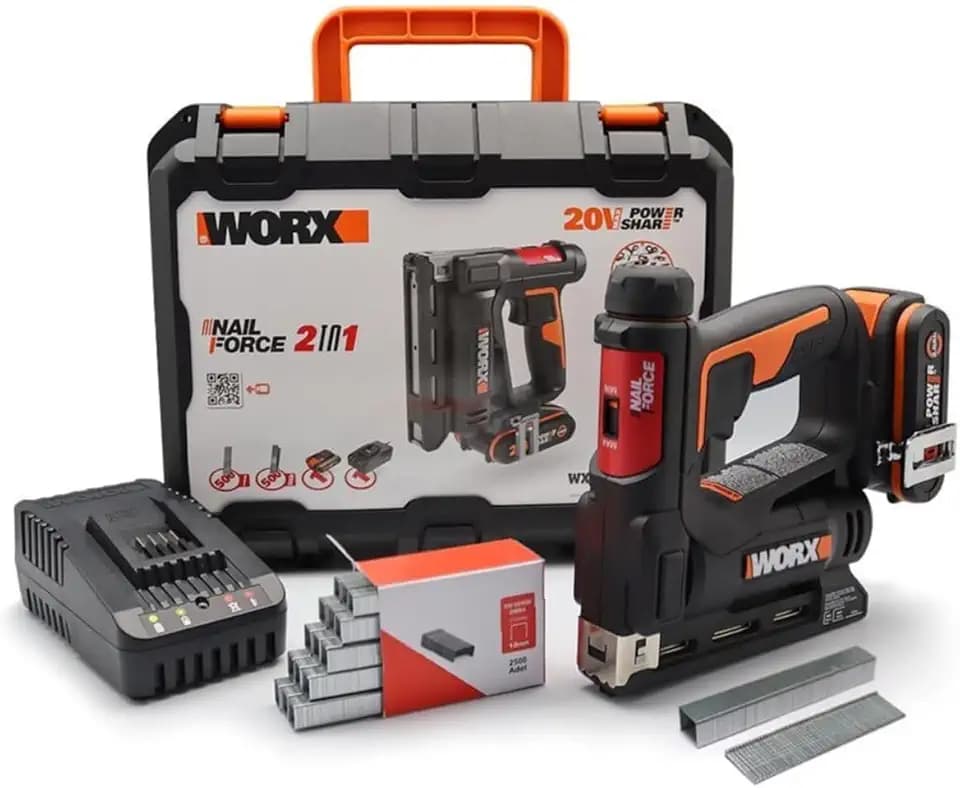 WORX WX843 NailForce Akku Nagler & Tacker 20V, mit Akku, Ladegerät & Koffer