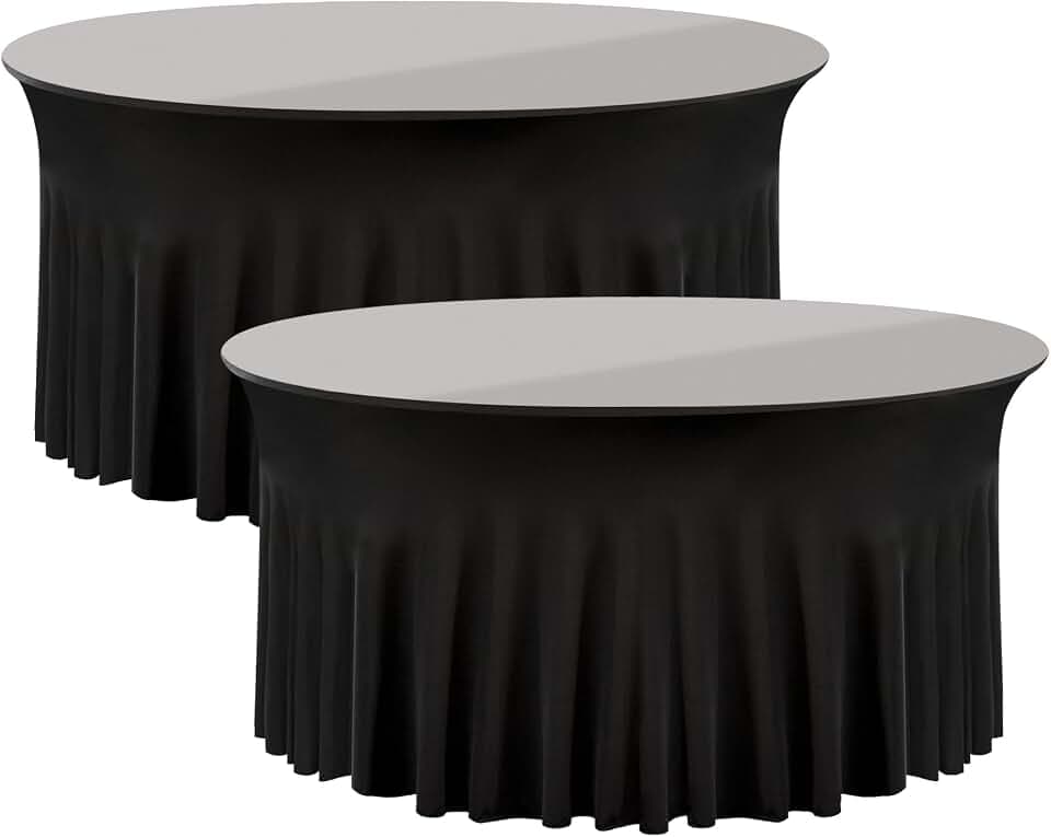 2 Pack Black Round Spandex Tablecloth 60 Inch, Wrinkle Free Stretch 120 Inch Fitted 5ft Black Table Cloths Round Table Covers with Ruffle Skirt for Graduation Wedding Party Banquet
