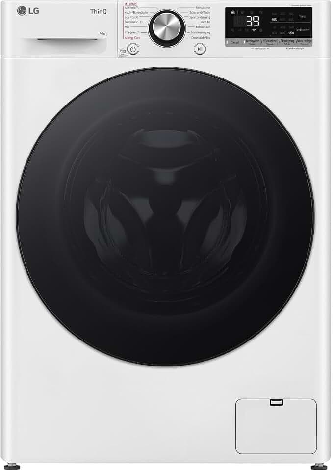 LG F2V7SLIM9, Klasse A, Waschmaschine Slim 9 kg, 60x47.5x85 cm, Wi-Fi, AI Direct Drive, Tiefenreinigung mit Dampf, TurboWash 360°, Außentür aus Gehärtetem Glas, Weiß mit Schwarzem Bullaugenring
