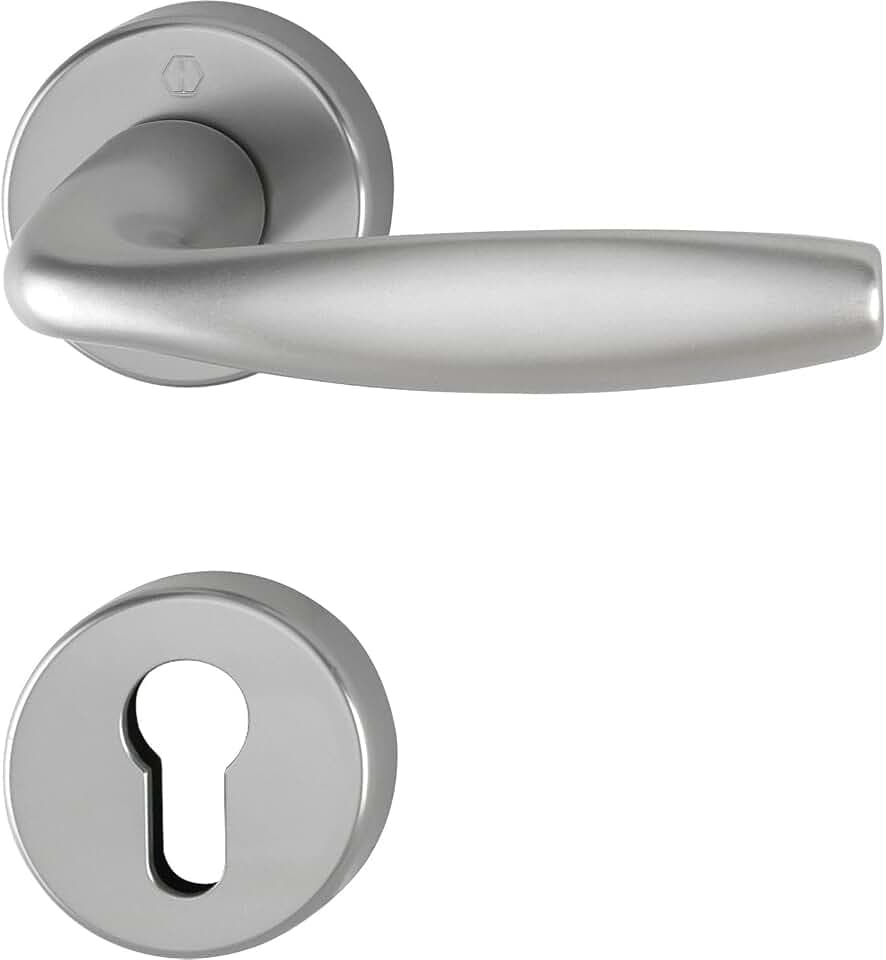 HOPPE Haustür Eingangstür FH Drückergarnitur NEW YORK, Aluminium Edelstahl-Effekt, Schlüsselrosette für Innentüren, Türstärke 40-45mm, Rundrosette PZ