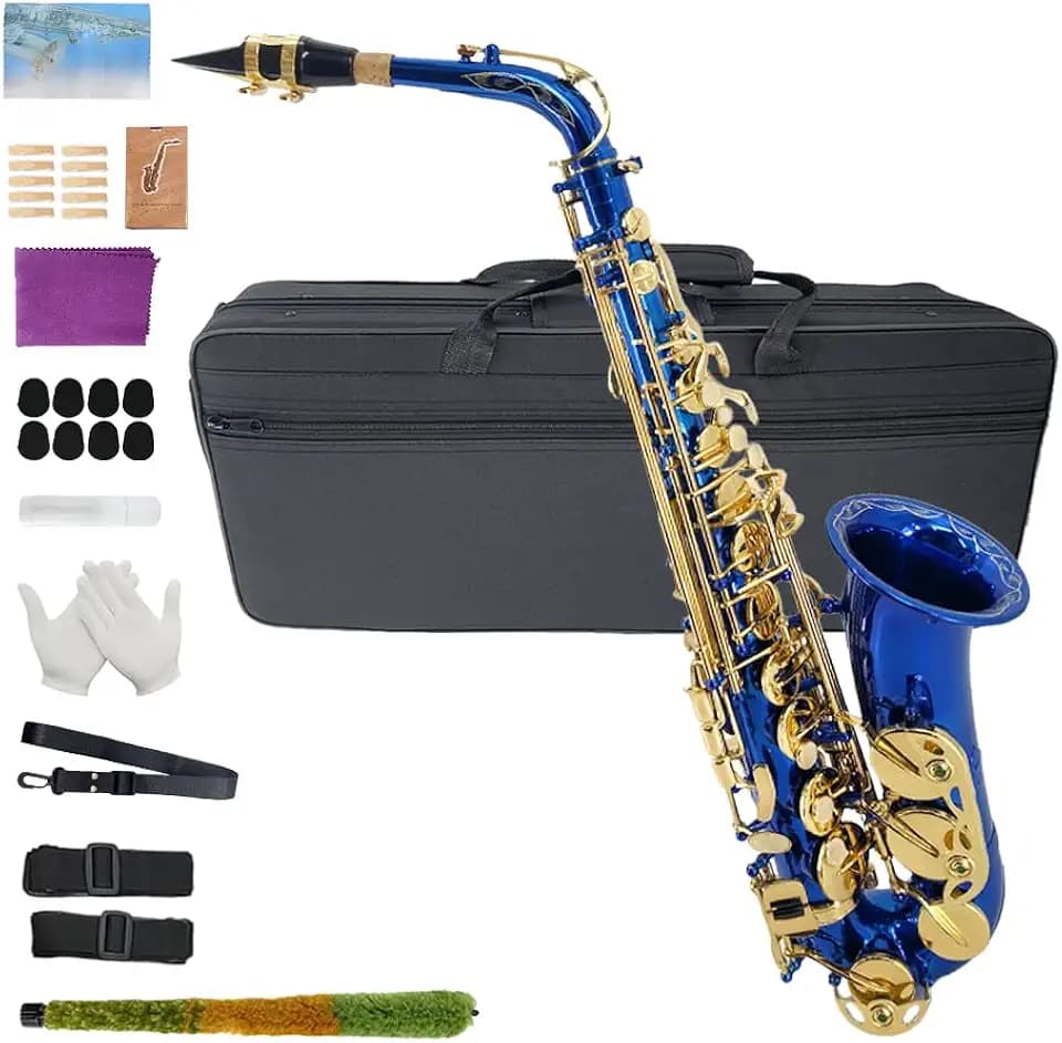 Yinfente Eb Alto Saxophone For Beginners Adult,Saxophone Student,E Flat Alto Sax Full Kit With Reeds,Pads Cushions,Hard Carrying Case,Cleaning Cloth & Rod,Mouthpiece,Gloves,Neck Strap Blue