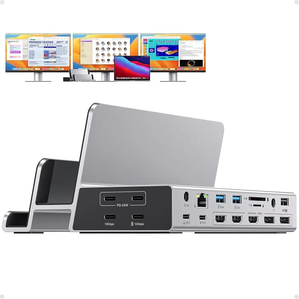 Triple Display Docking Station with Dual Stand, 19-in-1 Laptop Docking Station 3 Monitor with 100W PD, 3 HDMI + 2 DP 4K, 2 USB-C, 2 USB-A Data/Charging, 2 USB-C PD, Ethernet (Driver Required)