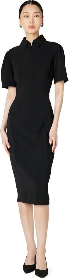 Dress The Population Women's Gloria Collared Zip Neck Short Sleeve Bodycon Midi Dress