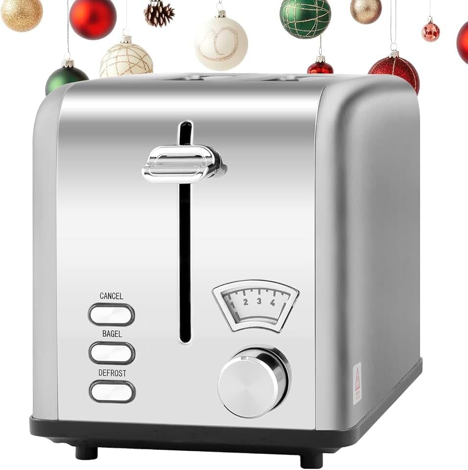 Simple Deluxe Stainless Steel Toaster 2 Slice with 1.5” Wide Slot & Removable Crumb Tray, 5 Shade Options and Bagel/Defrost/Cancel Functions, for Various Bread & Waffle, Retro Silver