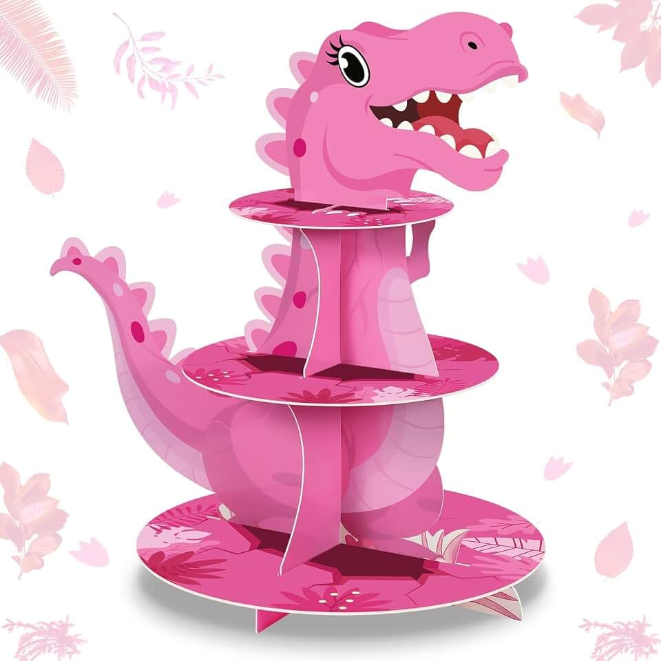 Censen Pink 3 Tier Dinosaur Cupcake Stand Dinosaur Party Decoration for Kid