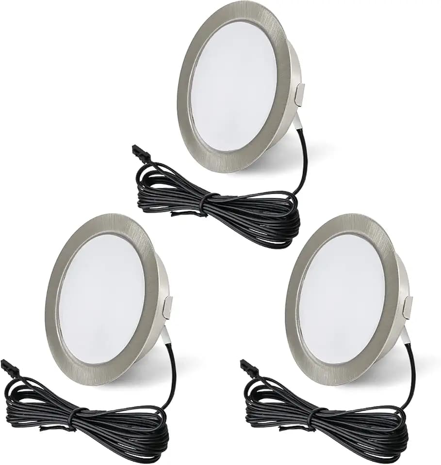 3er Set LED Einbaustrahler 12V 3000K Warmweiß 3,5W, flach 12V 300LM Bohrloch 55-58mm und 15mm , Dimmbar Möbeleinbauleuchte Einbauspots LED Spot 12v mit 2M Kabel, Nickel