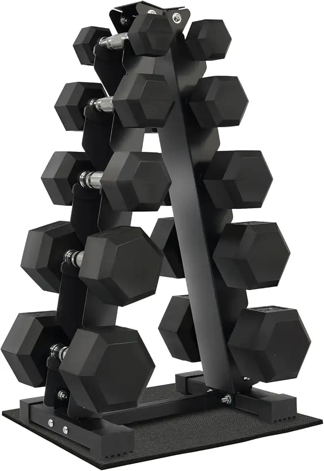 Fitvids Dumbbell Set with Rack, Rubber Coated Hex Dumbbell Weights in 150lbs, 5, 10, 15, 20, 25lbs Pair, Black
