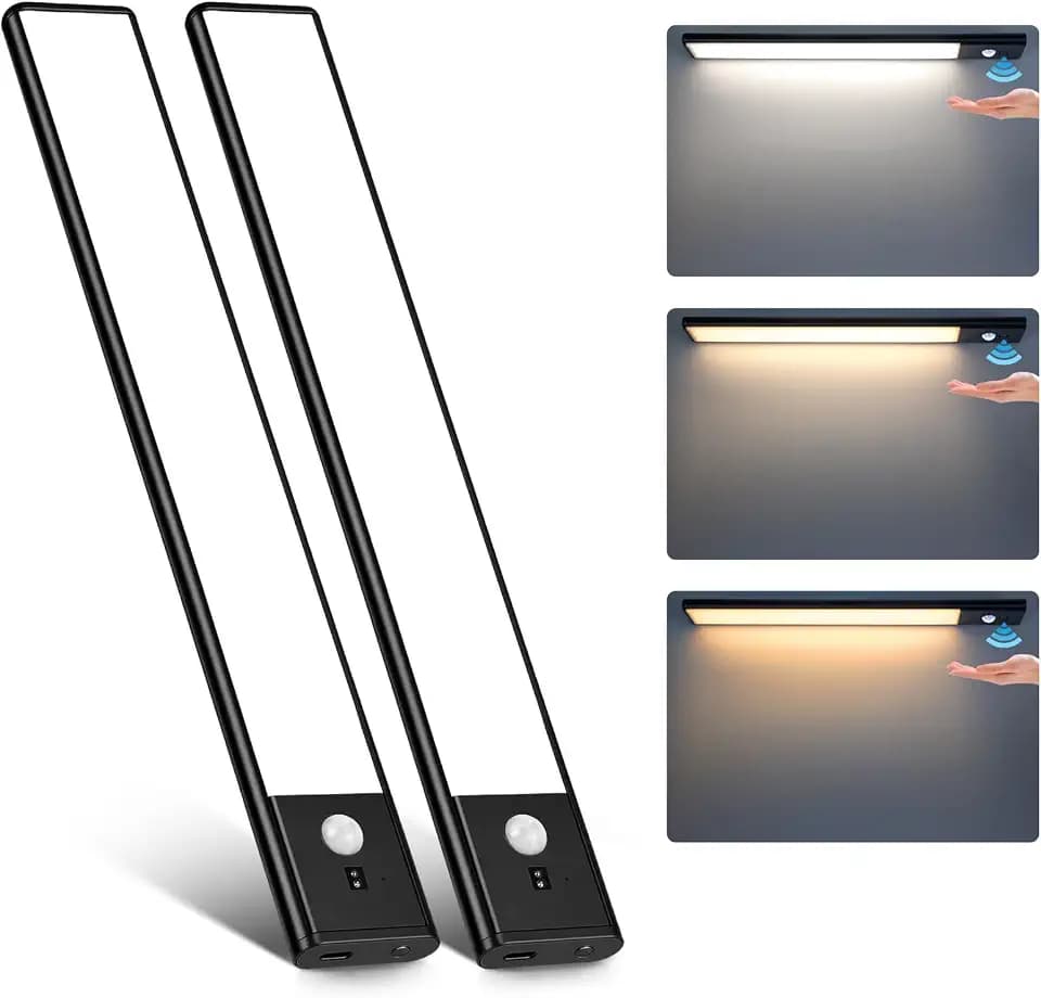 80 LED Motion Sensor Under Cabinet Lights with Hand Wave, 3 Color Temps Indoor Dimmable Closet Light, Rechargeable Wireless Magnetic Strip Night Lights for Hallway, Stairway, Wardrobe(2 Pack, 12 inch)