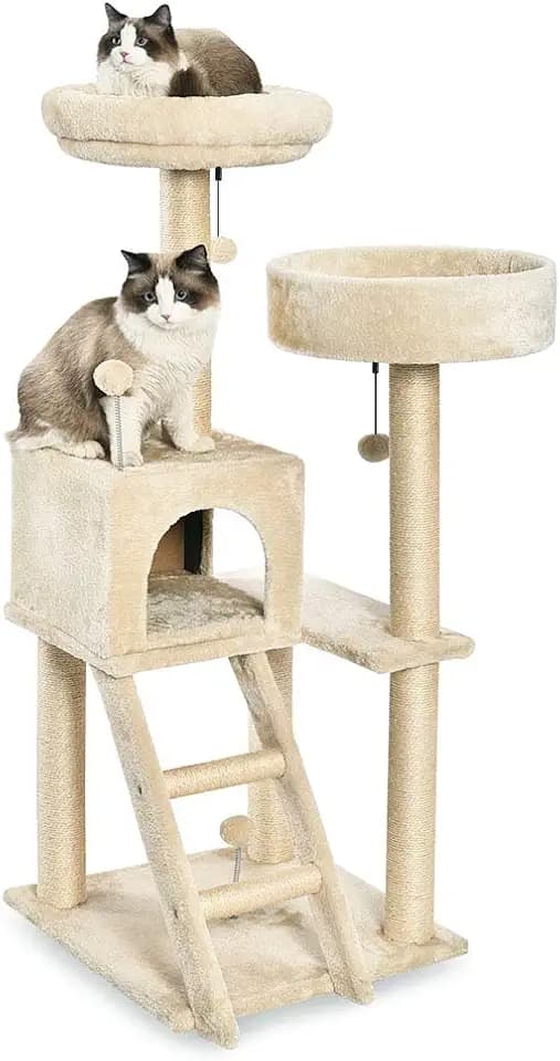 Amazon Basics Großer Katzenkratzbaum mit zwei Plattformen und Häuschen, 127 cm hoch, mehrstöckig, beige
