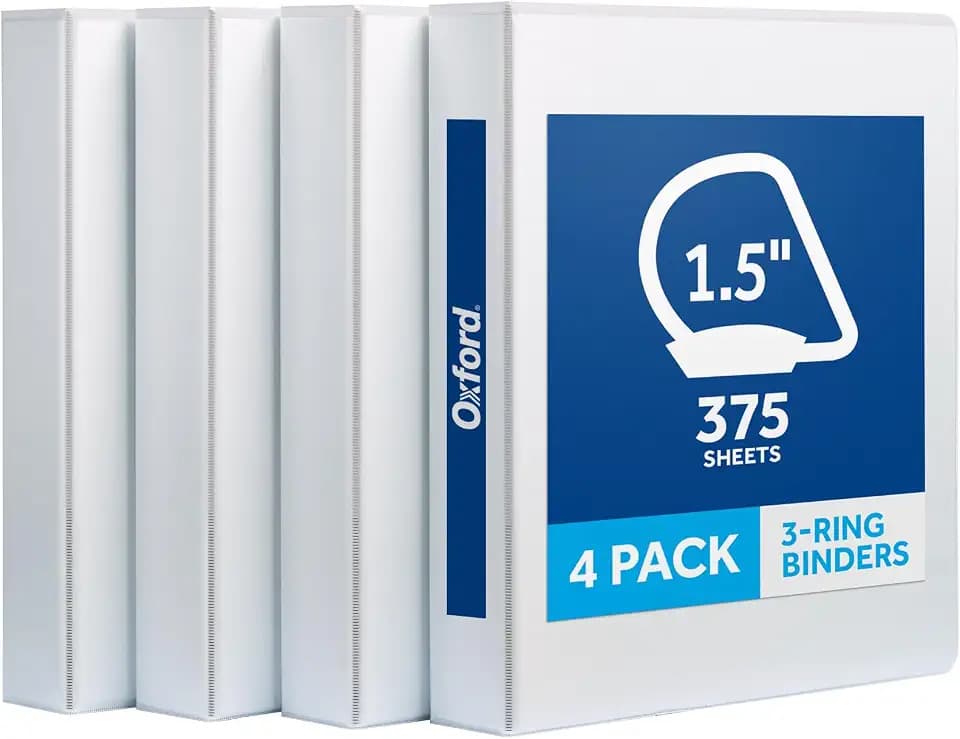 Oxford 1.5 Inch 3 Ring Binders, 4 Pack, White, Holds 375 Sheets