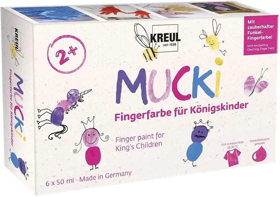 KREUL 23051 - Mucki Fingerfarbe für Königskinder, 6 x 50 ml in Weiß, Feenstaub-Rosa, Pink, Violett, Blau, Goldschatz, parabenfrei, glutenfrei, laktosefrei, vegan, auswaschbar