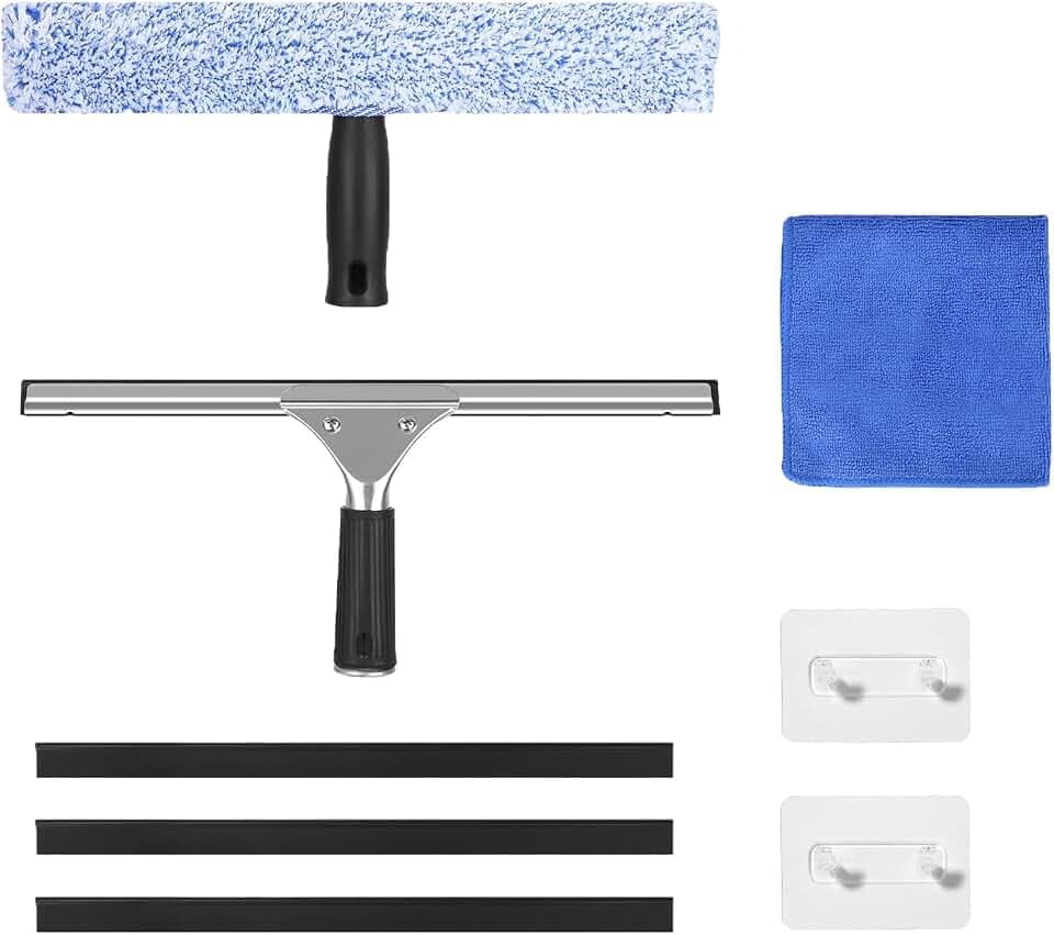 Fensterreiniger Set,Professioneller Fensterreinigungsset mit Haken,Mikrofaser Fensterwischer,Edelstahl-Fensterputzer,für Bad,Dusche,Auto,Glas