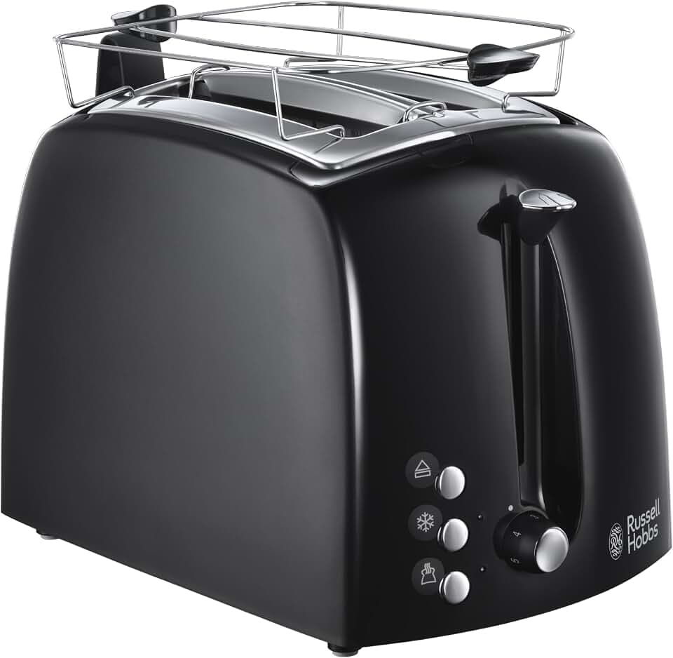 Russell Hobbs Toaster [für 2 Scheiben] Textures+ (extra breite Toastschlitze, inkl. Brötchenaufsatz & integrierte Toast-Zange, 6 Bräunungsstufen + Auftau- & Aufwärmfunktion, 850W) 22601-56
