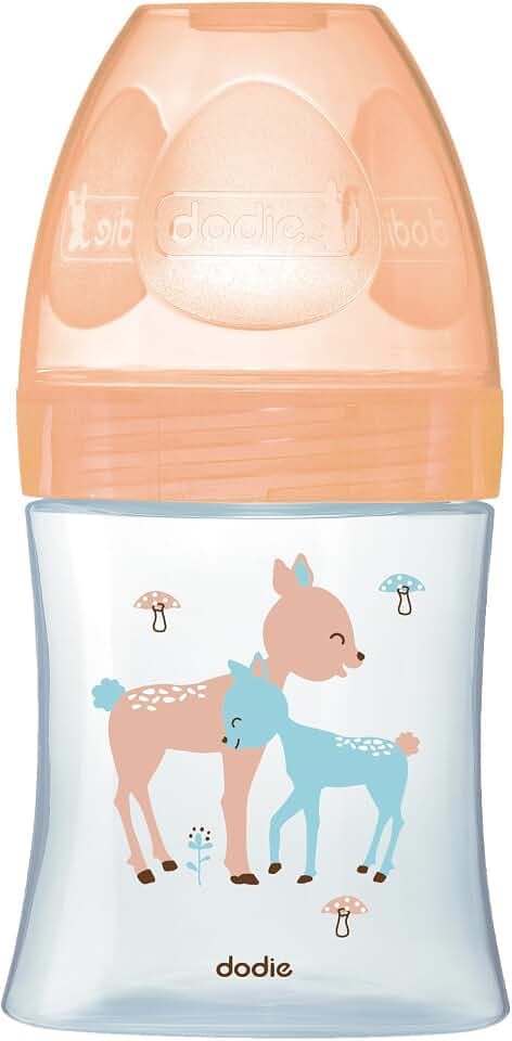 Dodie Babyflasche, Antikolik Sensation+, Glas, Beige, Hirschkuh, 150 ml, 0-6 Monate, flacher Sauger, Fluss 1