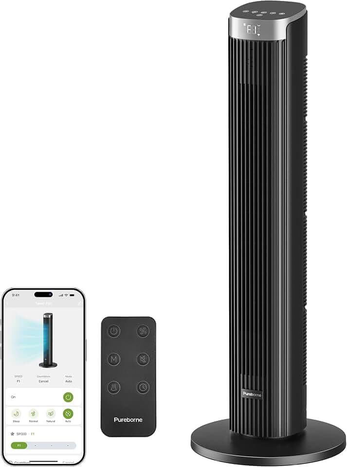 91CM Leiser Ventilator, 90° Oszillation Turmventilator, Standventilator mit Fernbedienung & WLAN, 4 Stufen & 4 Modi, 12H Timer Turmventilatoren für Schlafzimmer, Schwarz
