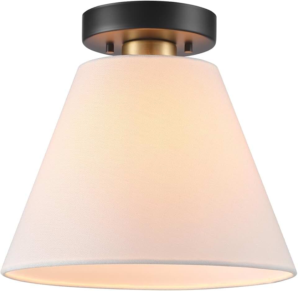 Globe Electric 1-Light Semi-Flush Mount Ceiling Light, Matte Black with Matte Brass Accent, White Linen Shade, Dimmable, E26 Base, Transitional Style, 66000137