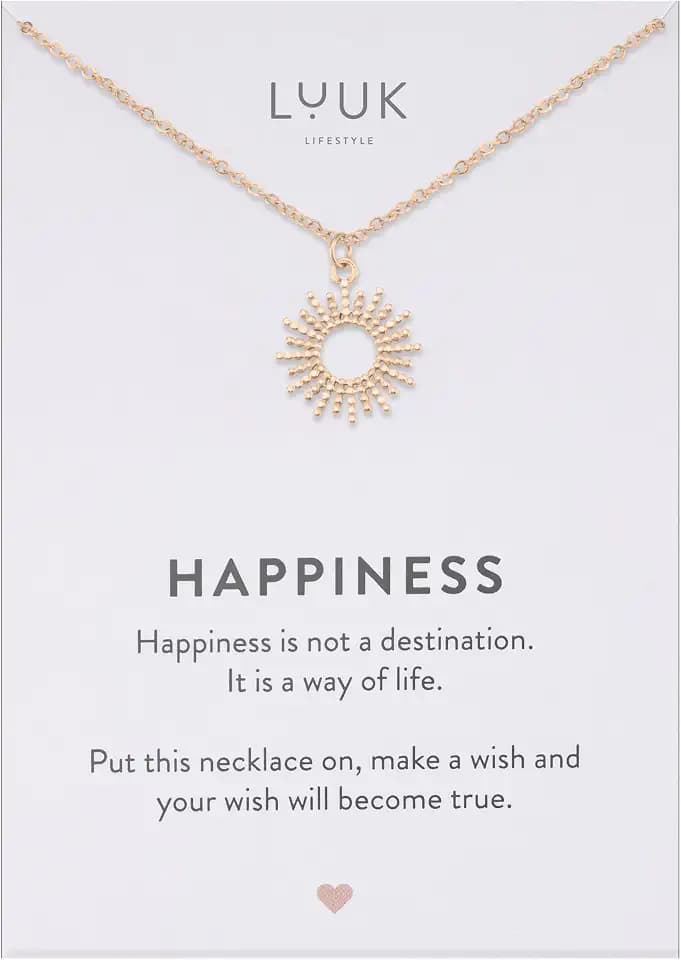 LUUK LIFESTYLE Filigrane Halsketten mit Anhänger und Karte mit HAPPINESS Spruch, zeitloses Design und moderne Motive, in Silber, Gold und Rosegold