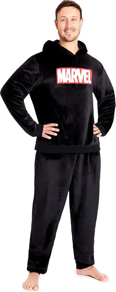 Marvel Schlafanzug Herren Lang, Fleece Hausanzug Herren Pyjama mit Hoodie Herren Oberteil