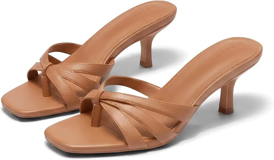 Coutgo Womens Strappy Kitten Heels Sandals Square Open Toe Flip Flops Slip On Slides Summer Dress Shoes