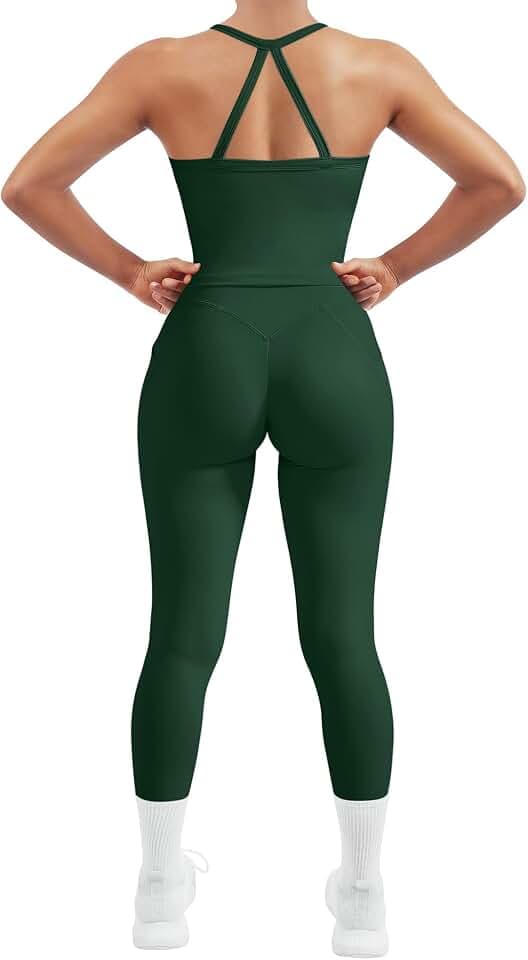 SUUKSESS Women 2 Piece Workout Sets Compression Tummy Control Leggings with Pockets Halter Built in Bra Tank Tops