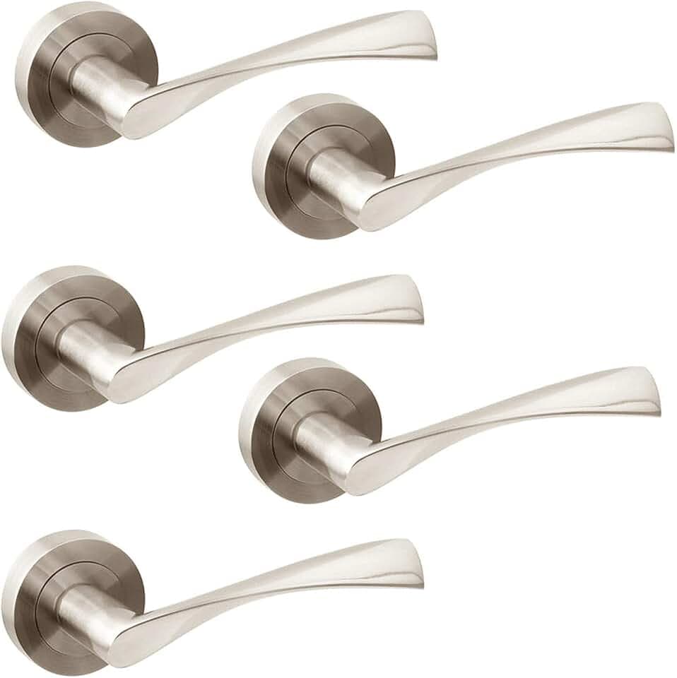 Jdel Set mit 5 Stück Kurbeln für Innentüren, für Durchgangstür mit 50 mm Rosette, Aluminium, satiniertes Nickel