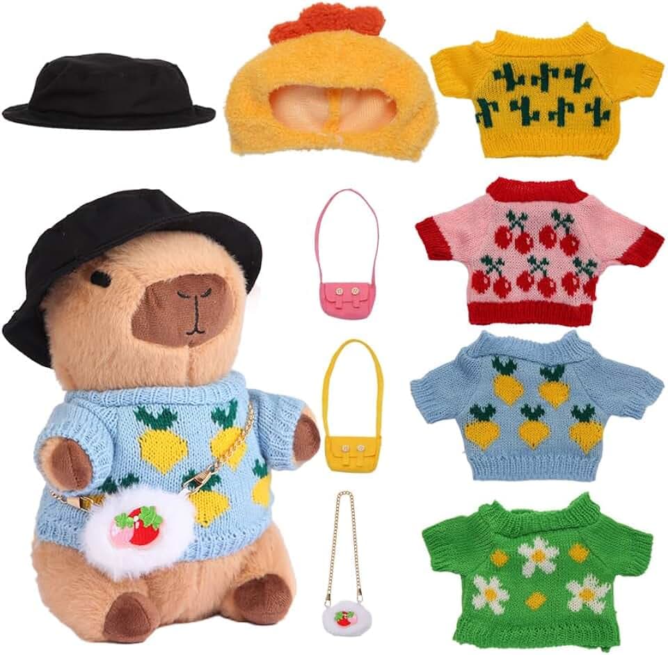 Cute Capybara Plush with 9 pcs Clothes & Accessories, Soft Capybara Stuffed Animal Capybara Plush Toy, Dress Up Kawaii Capybara Plushies Birthday Gifts for Kids Boys Girls 10.2 inch
