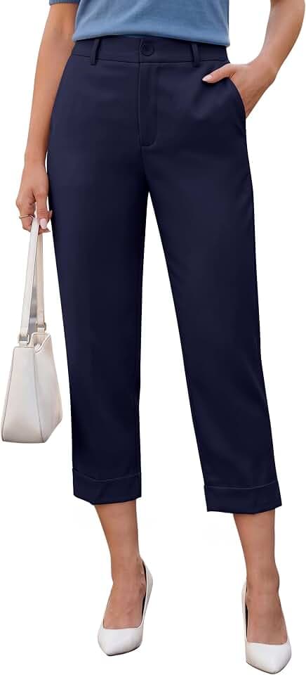 Blooming Jelly Womens Dressy Capri Pants High Waist Cuff Hem Work Pants